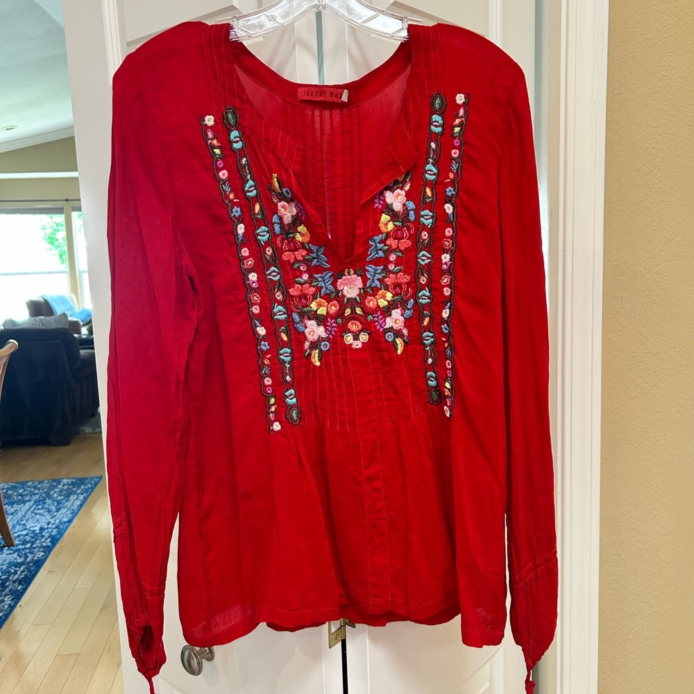Johnny Was Red Floral Embroidered Blouse